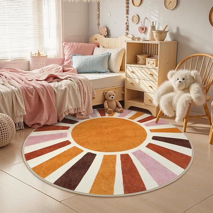 LIVEBOX Sun Round Rug 6ft Large Boho Rug for Living Room, Washable Soft Throw Kids Area Rugs for Classroom, Non-Slip Circle Nursery Rugs Round Carpet for Bedroom
