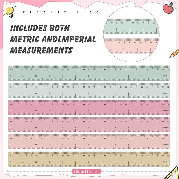ForraFun 60 Pcs Plastic Clear Rulers 12 Inch, Transparent Assorted Color Ruler Bulk, with Imperial and Metric Scales for Home Office Supplies, Available in 6Colors(Vintage Colors)