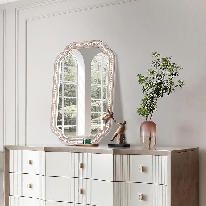 36x24 Inch Boho Wooden Scalloped Decorative Wall Mirror, Rustic Farmhouse Bathroom Mirrors for Over Sink, Entryway, Living Room, Bedroom, Hallway, Vertical or Horizontal