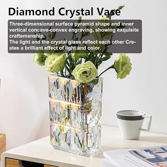 Glass Flower Vase, Clear Crystal Vases for Centerpieces, Heavy Handmade Modern Vases for Decor Home Bedroom Kitchen Office Living Room, 7.88 Inch (Clear Iridescent)
