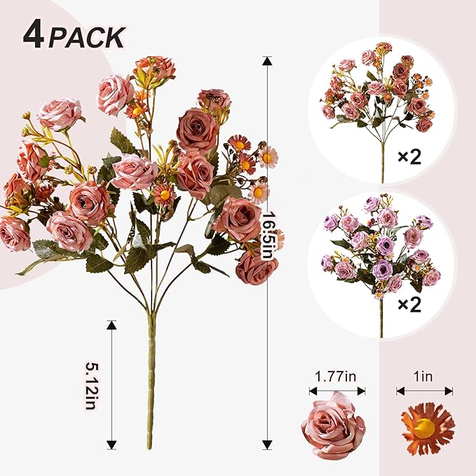 Artificial Rose Flowers for Outdoor 4 Bundles Rose Bouquet with Daisy Faux Flowers UV Resistant for Home Indoor Outside Garden Porch Window Box Balcony Yard Porch Fall Decor (Purple+Brown)