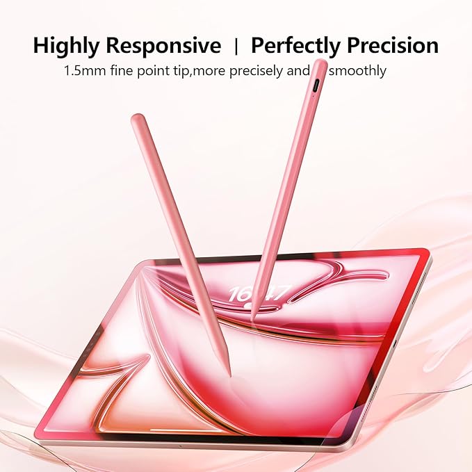 Stylus Pen for iPad 6th-11th Generation-2X Fast Charge Active Pencil Compatible with 2018-2025 Apple iPad Pro 11"/12.9"/M4, iPad Air 3/4/5/M2/M3,iPad mini 5/6 Gen-Pink