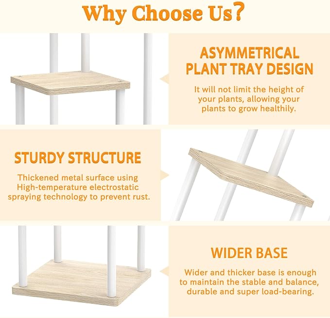 Oppro 3 Tier Plant Stand Indoor Outdoor, Metal Wood Tiered Corner Plant Stands Pot Holder, Wood Flower Shelf Orchid Display Rack for Living Room Bedroom Balcony Garden Patio, Modern White