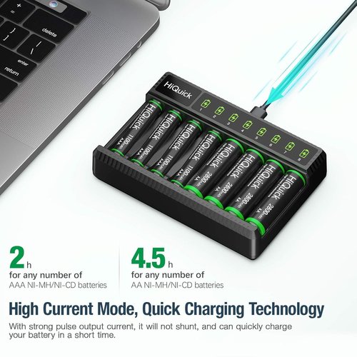 HiQuick 8-Bay Smart Charger - Fast Charging with 4 x 2800mAh AA & 4 x 1100mAh AAA Rechargeable Batteries