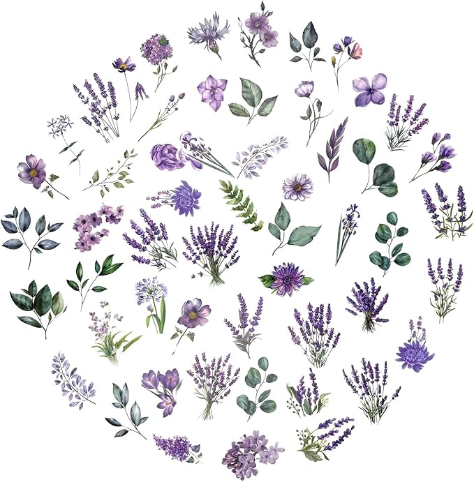 Obujopal 100 Pcs Lavender Purple Flower Stickers for Scrapbooking Junk Journal Notebook Diary Planner Letter Envelope Water Bottle Phone Case Craft Decoration