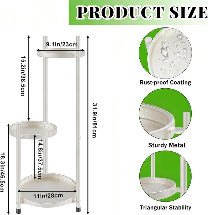 Plant Stand Indoor Tall, Black Corner Tiered Round Plant Stand for Indoor Multiple Plants, Metal Flower Pot Stands Outdoor Holders Plant Shelf Display Rack for Balcony Living Room (3 Tier-Cream white)