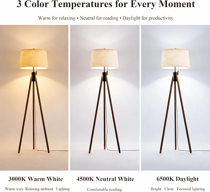 Mid Century Modern Tripod Floor Lamp, Gold Accented Two-Tone Solid Wood Floor Lamp with Black-Finished Solid Wood Center, Linen Shade & Pull Chain, Tall Lamp for Living Room Bedroom Reading Corner