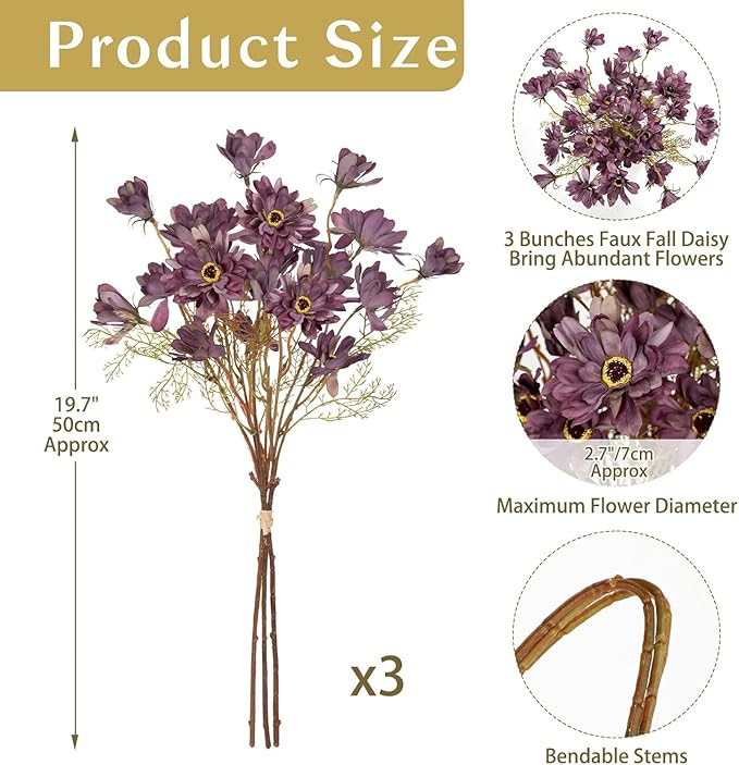 3 Bunches Artificial Daisy Flowers with Stems for Autumn Flower Arrangements, 20" Fake Burgundy Chrysanthemums Silk Flowers for Fall Floral Decor, Faux Wildflowers Mums Sprays for Centerpiece, Purple