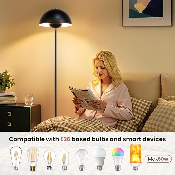 Coucrek 66'' Black Floor Lamp for Living Room, Industrial Standing Lamp with Unique Reflecting Shade, Modern Tall Floor Lamp for Bedroom Office Corner