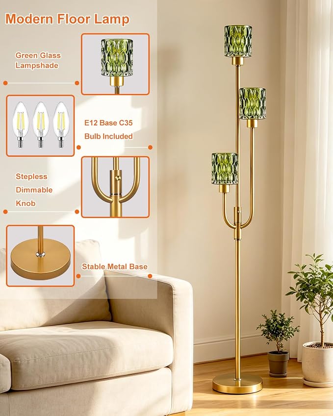 66IN Glass Floor Lamp 3-Lights Modern Gold Dimmable Floor Lamps with 3000K Warm White Bulbs for Wedding Party Modern Tall Standing Lamp with Green Glass Shade for Living Room/Bedroom/Home Decor