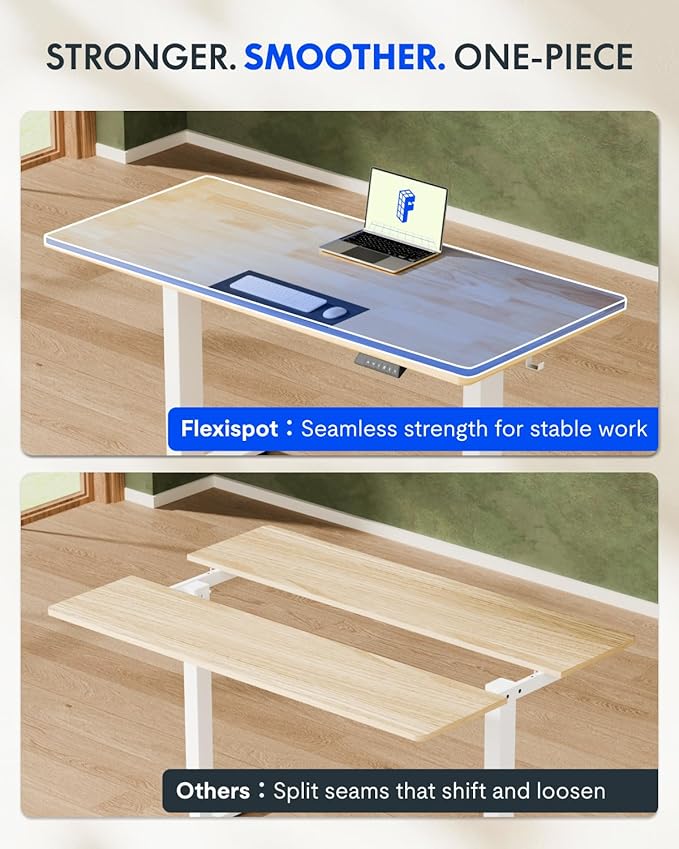 FLEXISPOT EN1 One-Piece Solid Wooden Standing Desk 48 x 24 Inches Height Adjustable Electric Sit Stand Home Office Desks (Black Frame + Rubber Wood Top, 2 Packages)