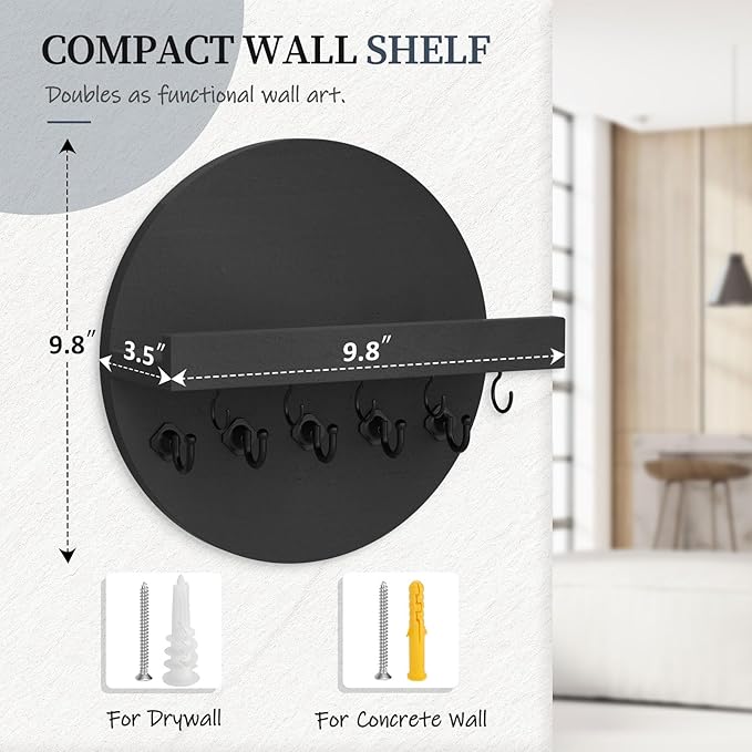 Nekon Key Holder Wall Mount, Key and Mail Organizer for Wall, 9.8 Inch Round Wooden Rustic Wall Organizer for Entryway, Hallway, Kitchen, Office (Black)