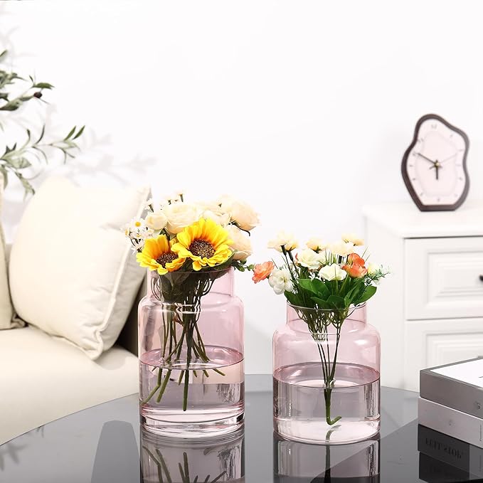 Large Glass Vase, Pink Glass Vase Set of 2, Large Flower Vases for Bouquet, Tall Wide Mouth Vases for Flowers, Home, Wedding, Living Room, Office Decor, 7"+9"
