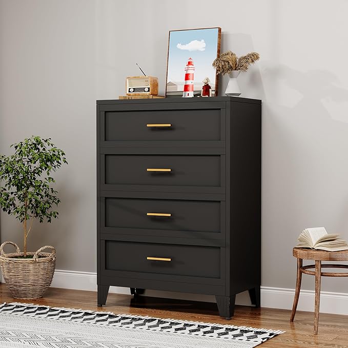 43.11" Tall Metal Dresser for Bedroom, 4 Drawer Black Dresser Chest with Gold Handles, Closet Dressers Chests with Fluted Panel, Vertical Storage Cabinet for Living Room, Entryway, Hallway
