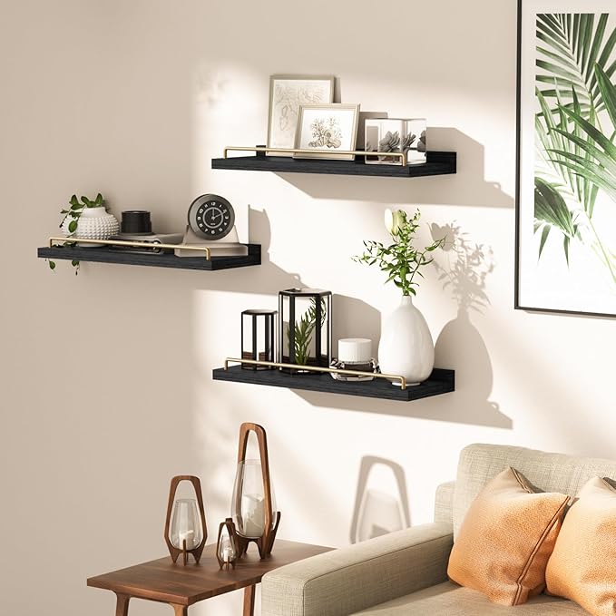 RYOFOBETTO Floating Shelves for Wall Decor, Black and Gold Shelves for Bathroom, Living Room, Bedroom, Picture Frames, Plants, Kitchen (Set of 3)