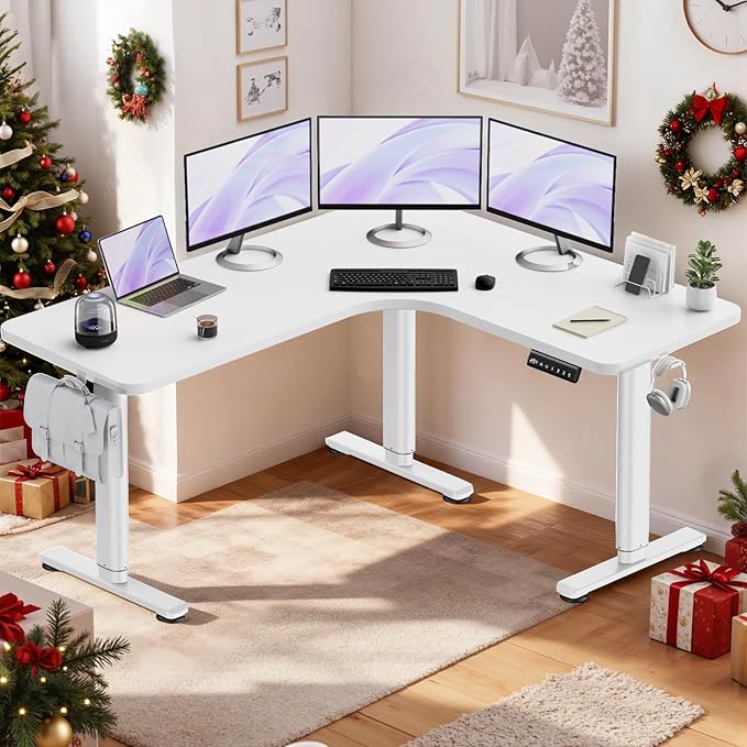 Flycity Electric L Shaped Standing Desk Adjustable Height, 63" x 55" Corner Stand Up Desk, Home Office Desk, Dual Motor Sit Stand Desk, Computer Desk with 3 Memory Preset & Lock, White
