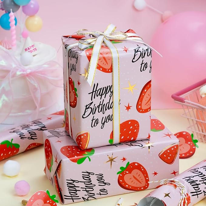 Burymento Pink Strawberry Birthday Wrapping Paper Roll, Gold Leaf Star Design Gift Wrap for Birthday, Valentines, Mothers day, Graduation, Wedding, Fathers day, Baby Shower, Christmas (17 IN x 32.8 FT)