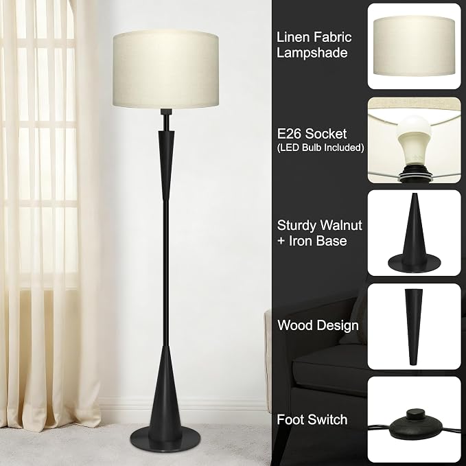 Floor Lamps for Living Room,61.5" Wood Floor Lamp,Retro Farmhouse Standing Lamp Includes 9W Bulb with 3-Color Temperature,Tall Lamp for Bedroom,Dining Room,Living Room,Corner,Black