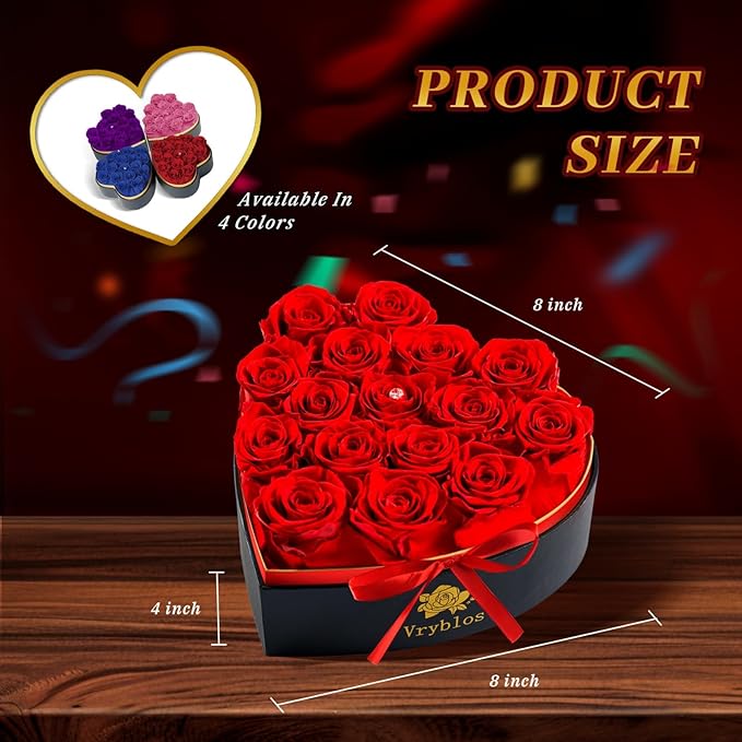 Forever Red Roses in a Heart Shaped Box 16 Preserved Flowers for Delivery 100% Real Quality Immortal Flower Eternal Birthday Graduation Gifts Home Deco for Her Mom Women Wife Girlfriend (Heart-Red)
