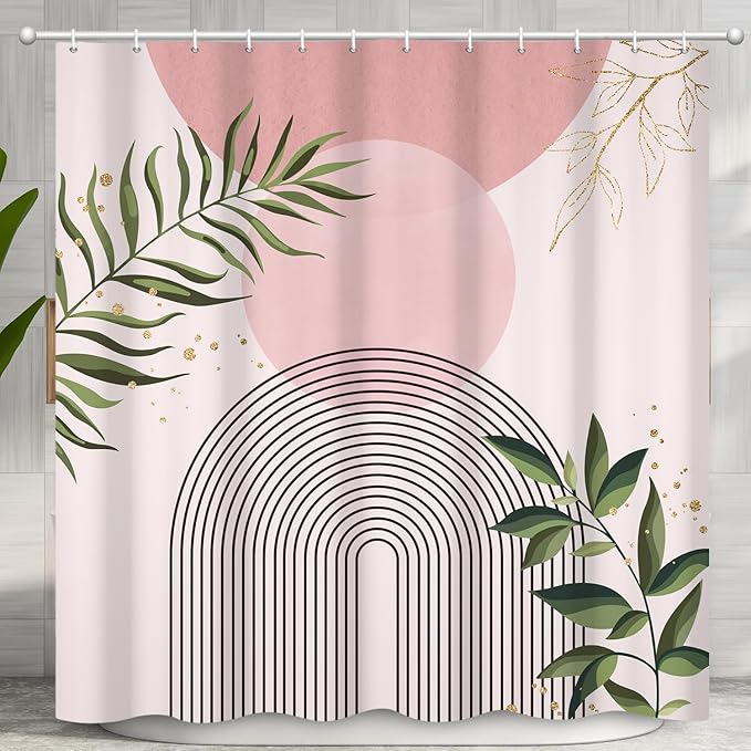 Boho Mid Century Shower Curtain, Pink Modern Minimalist Abstract Geometric Green Gold Plant Leaves Sun Arch Bathroom Curtains Waterproof Fabric Buthtub Curtain Set with Hooks 36" Wx72 L