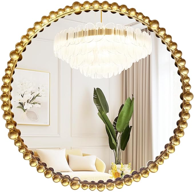 Gold Round Mirror with Beaded Frame ，Circle Antique Bathroom Vanity Mirror Decorative Wall Mirrors for Living Room,Bedroom, Entryway