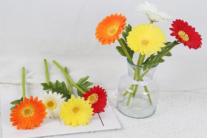 8Pcs PU Gerbera Daisy Artificial Flowers 11.8” Multi-Color Silk Daisy Centerpieces Small Fake Flowers for Vase Wedding Party DIY Office Home Living Room Decor