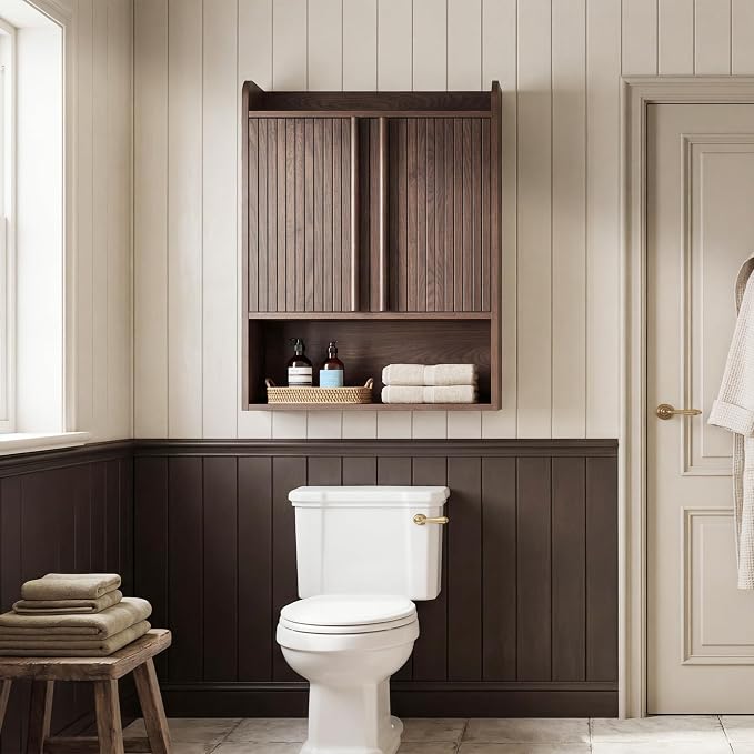 VANIRROR Fluted Wall Cabinet 33" H, Mid-Century Modern Dark Wood Bathroom Cabinet Over Toilet, Medicine Cabinet Storage with Doors & Open Shelf for Kitchen, Laundry Room and Entryway