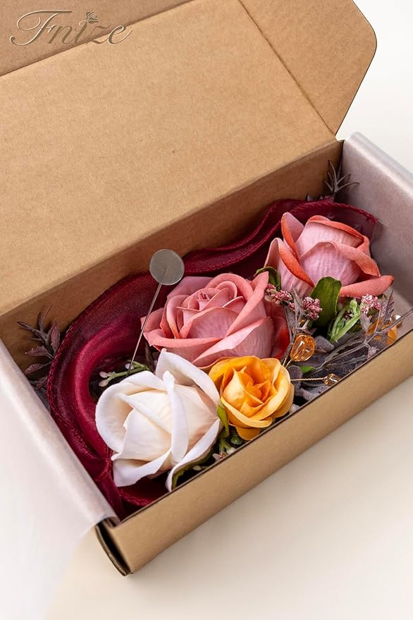 Fnize Orange Pink Corsage and Boutonniere Set, Artificial Rose Boutonniere and Wrist Corsage Flower for Bride Groom Bridesmaids Groomsmen Wedding Homecoming Prom Flowers