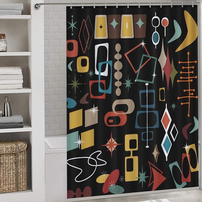 Mid Century Shower Curtain, Modern Abstract Atomic Geometric Print Pattern Colorful Black Retro 1950s 1960s Pastel Vintage Waterproof Fabric Bathroom Shower Curtain Set with Hooks, 72"x72" Inch