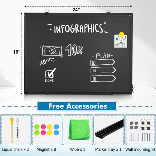 Magnetic Chalkboard - Double-Sided Dry Erase Board | 24”x18” Black Framed for Home, School & Office