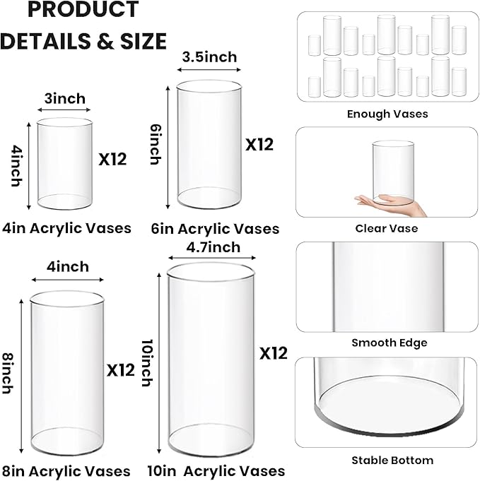48 Pack Acrylic Cylinder Vases 4,6,8 10 Inch Tall Clear Acrylic Flower Vase Bulk Floating Candle Holders Cylinder Plastic Vases for Centerpiece Table Wedding Home