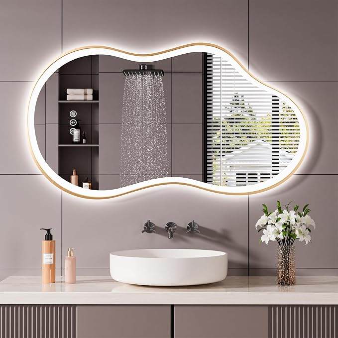 WTTY LED Irregular Bathroom Mirror 26x46 Inch with Front & Back Lights - Asymmetrical Design, Anti-Fog, Dimmable 3 Color Temperatures, Shatterproof Glass, Horizontal or Vertical Mount (Gold Frame)