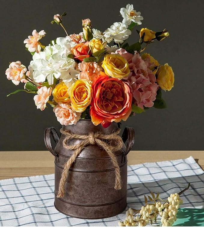 HyFanStr Shabby Chic Metal Flower Vase Rust Painted Decor Milk Can Bucket Country Primitive Jug Farmhouse Decoration Small
