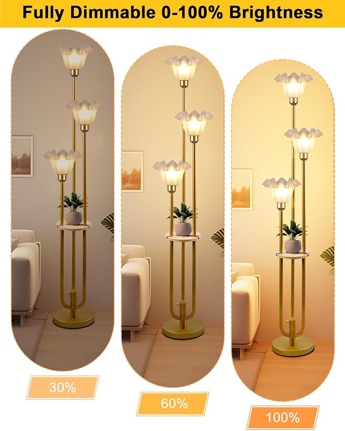 Vintage Flower Floor Lamp for Living Room, Mid Century Modern Floor Lamp Dimmable with Shelf & LED Bulbs, 3 Light 3000K Warmwhite Gold Tall Standing Lamp for Bedroom Girls Room Home Decor