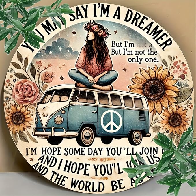 Hippie Van Round Aluminum Sign "Dreamer" Quote Wall Art Decor, Retro Floral Peace Bus Home Decoration, Funny Tin Plaque for Kitchen, Restaurant,Garage - 1 Piece Vintage Engraved7.98x7.98 Inch