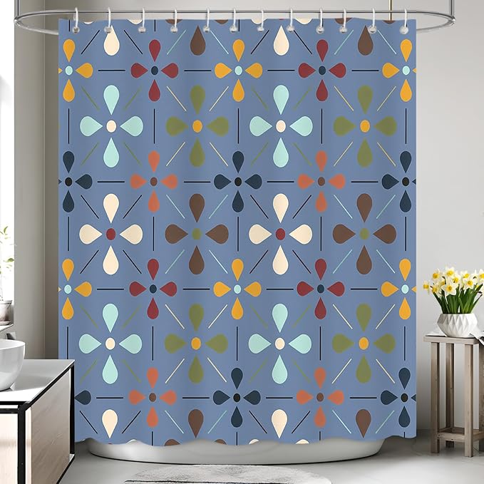 APROPHIC Mid Century Retro Shower Curtain 72x72 Inches, Vintage Geometric Pattern Bathroom Curtain with Hooks, Waterproof Polyester Fabric for Bath Shower, Machine Washable Home Decor, Navy Blue