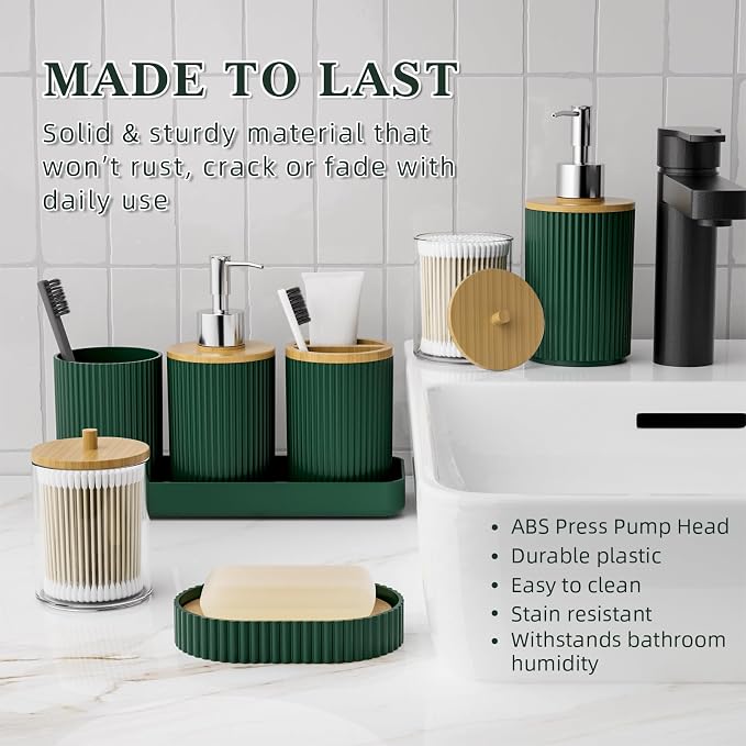 Dark Green Bathroom Accessory Set - Bathroom Sets, 25PC Bath Accessories Set, Bathroom Sets with Push Top Trash Can, Shower Curtain and Rugs, Toilet Brush, Trash Can & Soap Dispenser