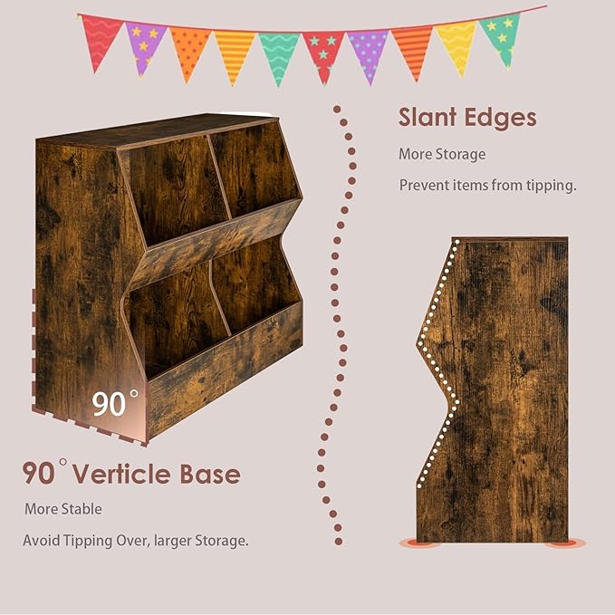 DINZI LVJ Kids Bookshelf, Toy Storage Organizer, Wooden Toy Storage Cabinet, 4 Cubby Children Bookcase, 35.4" L Toddler Book Shelf for Bedroom, Nursery, Hallway, School, Rustic Brown