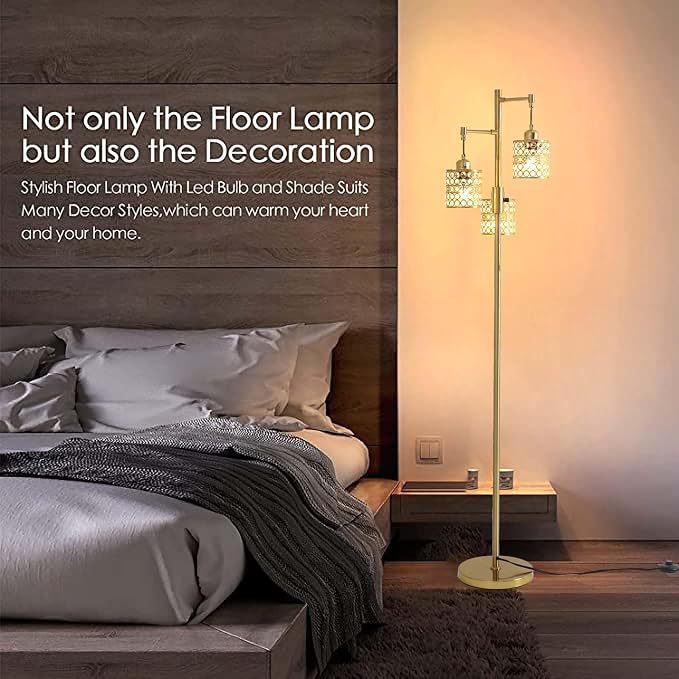 Industrial Floor Lamp,Dimmable Floor Lamp,Gold Tree Lamp Standing Lamp Tall Pole Lamps with 3 Elegant Crystal lampshades for Living Room Bedroom Office, Indoor