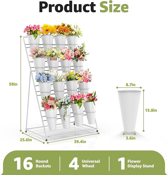 Flower Display Stand 4 Layers with 16 PCS Round Buckets, Plant Stand with Wheels, Movable Metal Plant Stand for Terrace Garden, Florist Shop