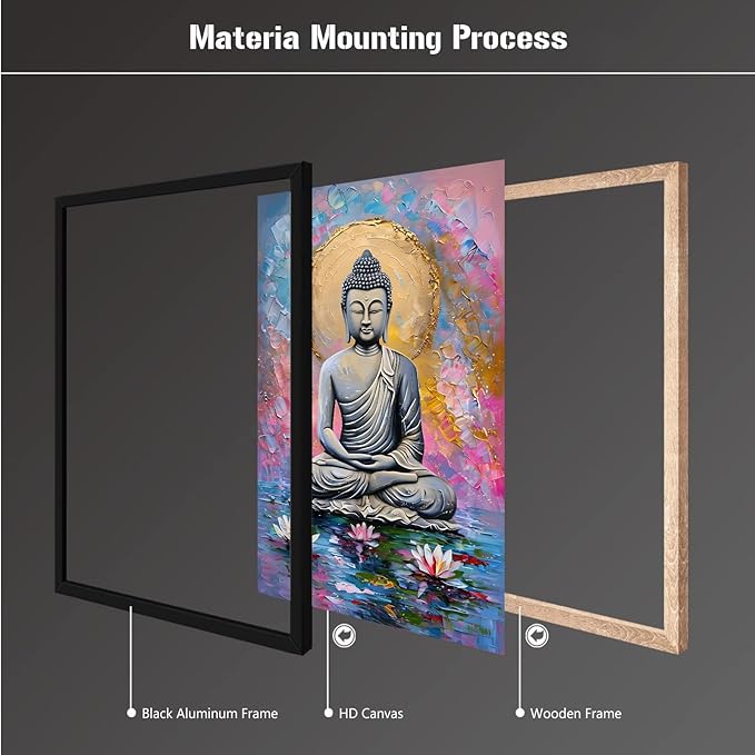 Lotus and golden Buddha meditation tranquil zen wall art mindfulness wall art for spiritual harmony and tranquility decor 20x30in Metal blackFramed