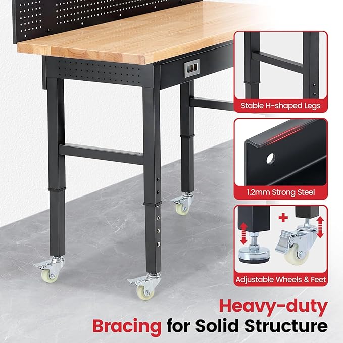 Work Bench with Wheels 60 x 22 Inch Heavy Duty Rubberwood Tabletop Work Table Adjustable Height Garage Workbench with LED, Drawers, Pegboard, Power Outlets for Woodworking Shop, Home, Office
