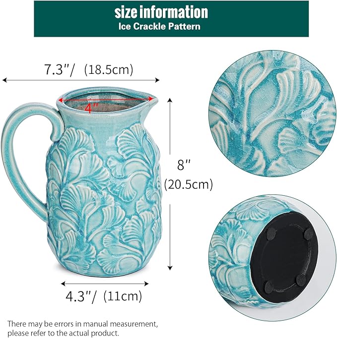 Sungmor Embossed Ceramic Pitcher Vase, Decorative Blue Farmhouse Ceramic Pitcher for Flowers, Vintage Textured Vase for Table, Kitchen & Home Decor, 8 Inch with Ice Crackle Glaze Finish