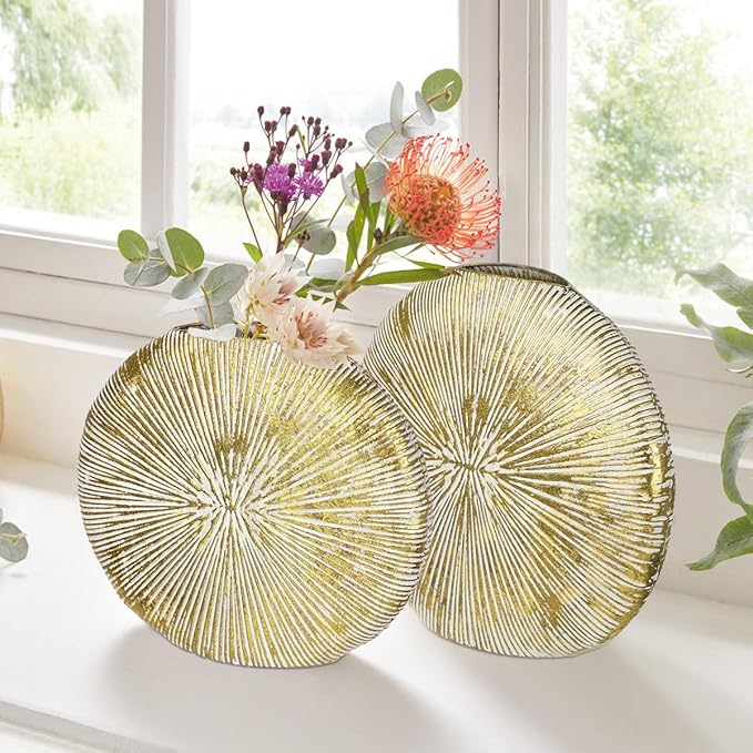 Gold Metal Vase for Home Decor – 13" x 11.8" Modern Decorative Vase for Pampas Grass, Artificial Flowers & Dried Bouquets – Elegant Textured Flower Vase for Living Room, Bedroom & Office