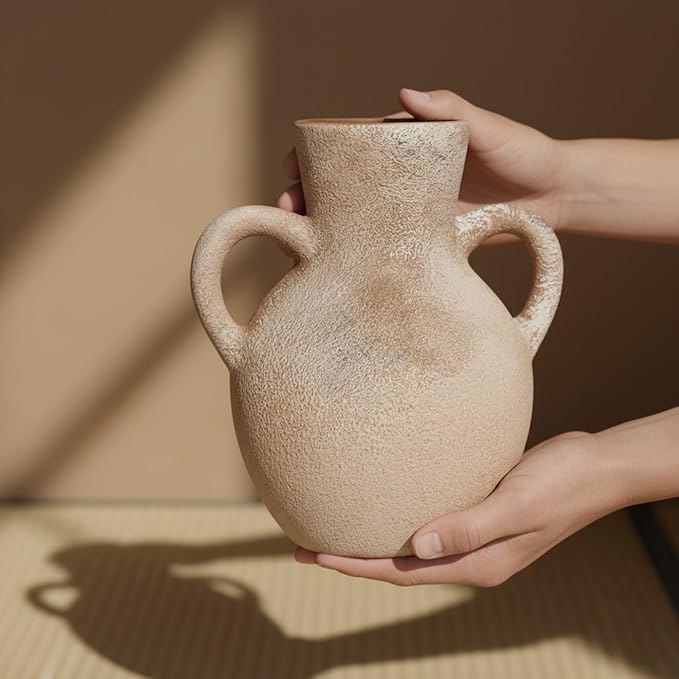 Ceramic Flower Vase with Handles,7.5 Inch Rustic Farmhouse Vases Home Decor for Living Room,Handmade Pottery Terracotta Vintage Vase for House Bedroom Decorations for Dining Table Shelf Decor Office