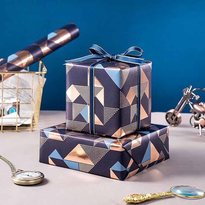 WRAPAHOLIC Birthday Wrapping Paper for Men - Mini Roll - 17 Inch x 16.5 Feet - Foil Modern Navy Blue Geometric Wrapping Paper Perfect for Husband, Boyfriend Birthday, Wedding, Bridal Shower