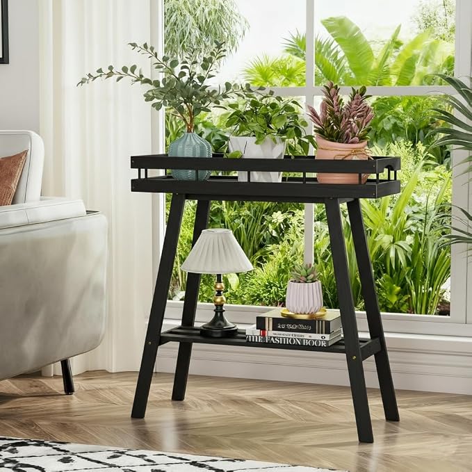 BAMBANG Bamboo Plant Stand Indoor, 2 Tier Small Plant Table, Tall Plant Stand for Indoor Plants, Window Sill Plant Shelf, Flower Pot Holder Plant Bench Plant Rack for Living Room, Black