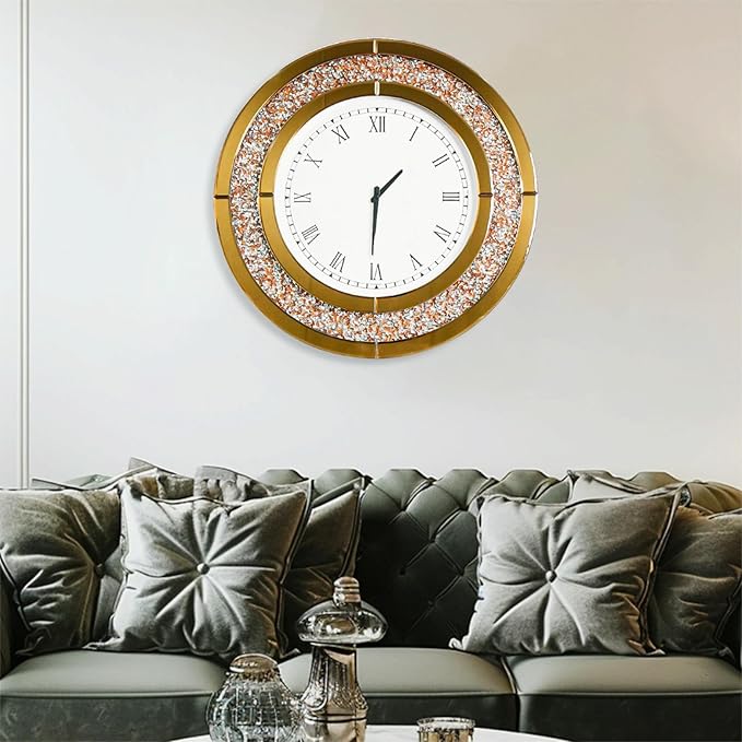 Crushed Diamond Wall Clock Round Decorative Mirrored Clock 24 inch Brown