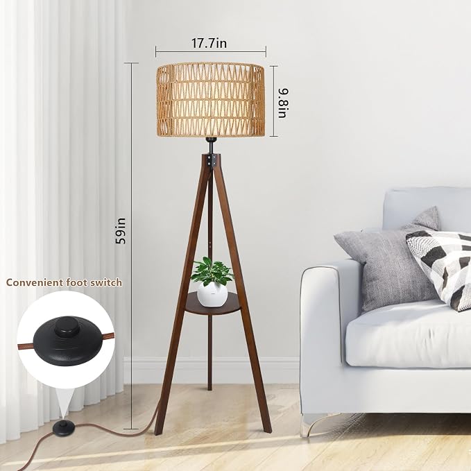 LAMSU Boho Tripod Floor Lamp with Shelves, Mid Century Wood Standing Lamp with Rattan & Fabric Shades, ON/Off Foot Switch, Modern Farmhouse Tall Floor Lamps for Living Room Bedroom Office
