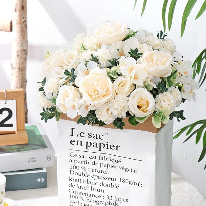 2 Bundles White Peonies Artificial Flowers Silk Flower Centerpieces for Tables Fake Flower Arrangements Bouquets Mixed Roses Hydrangea with Stems for Wedding Bridal Bouquets Home Table Decor